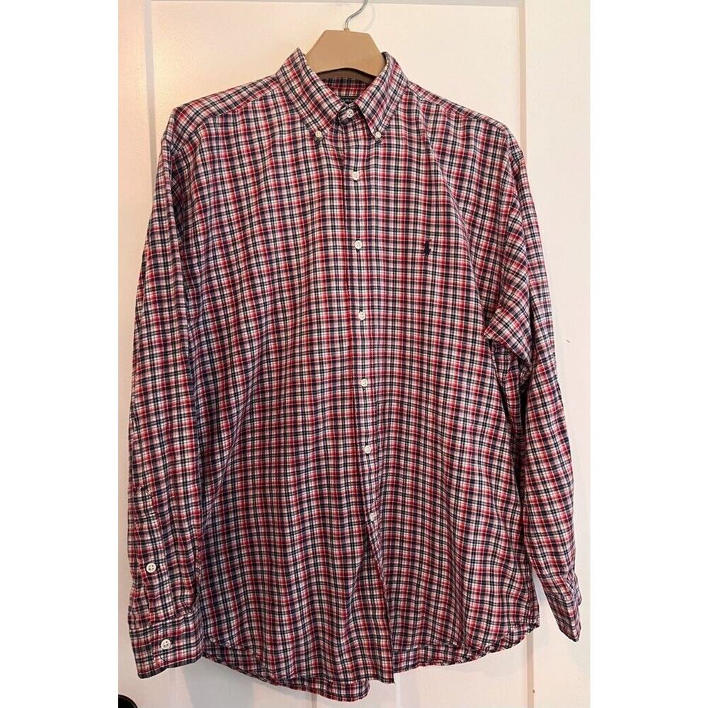 Ralph Lauren Sport Button Down Shirt Plaid Red White Blue Long Sleeve LARGE